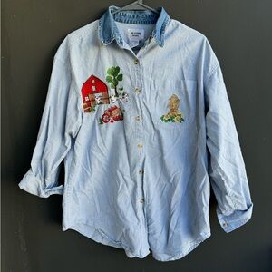 Vintage Solutions farm embroidery denim button down shirt